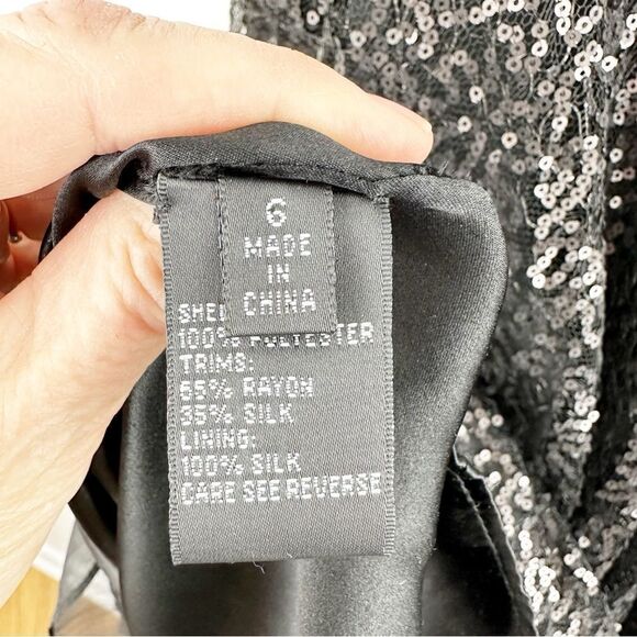 Carmen Marc Valvo Black Sequin Silk Cocktail Party‎ Dress Black Satin Bow Sz 6 - Picture 10 of 16